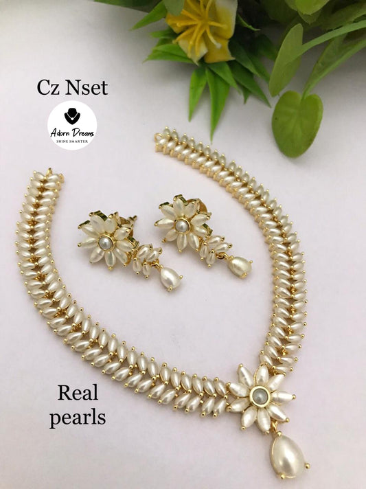 Beautiful CZ Real Pearls Designer Necklace Set