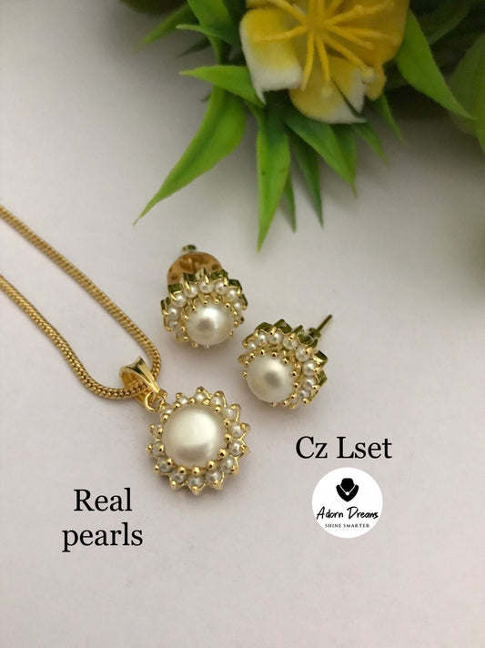 Beautiful CZ Real Pearls Gold Plated Chain Pendant Set