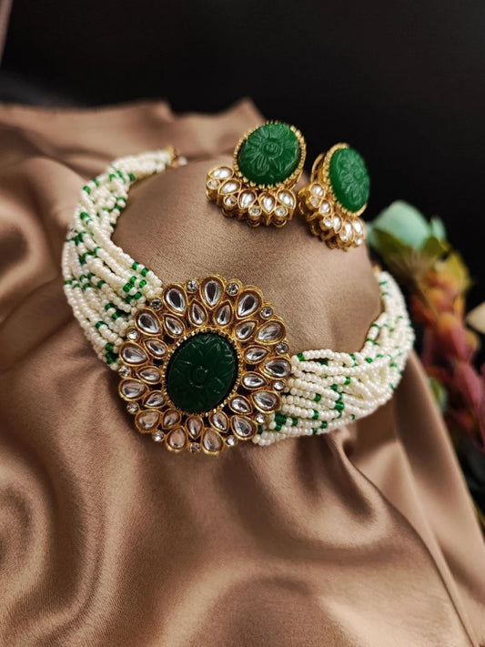 Pearl Beads Monalisa Stone Choker Necklace Set
