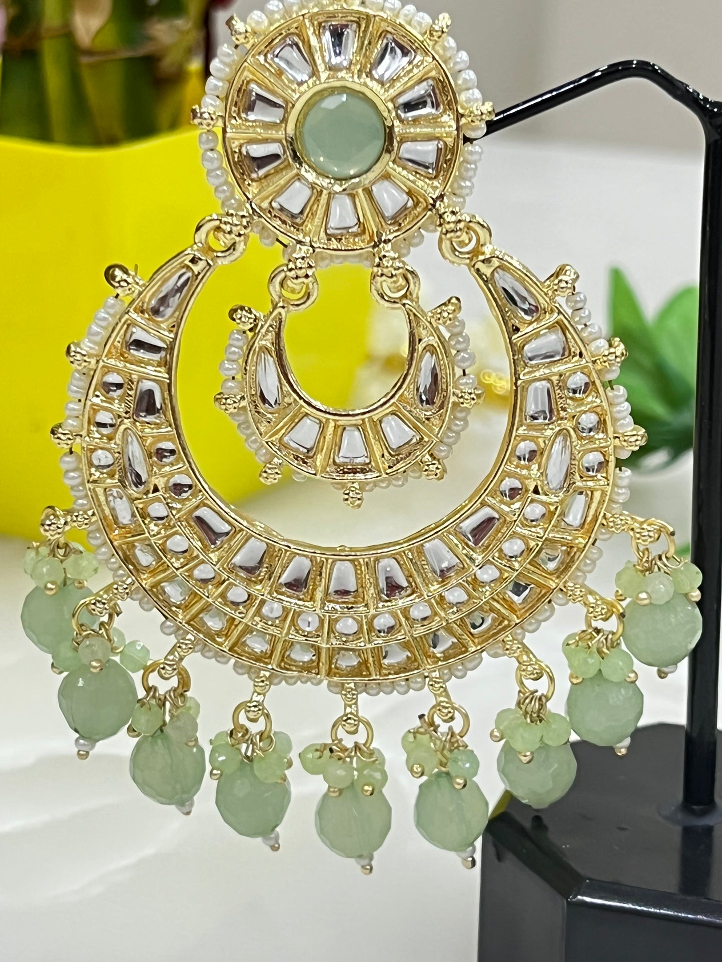 Gold Plated Kundan Glass Mirror Chandbalis