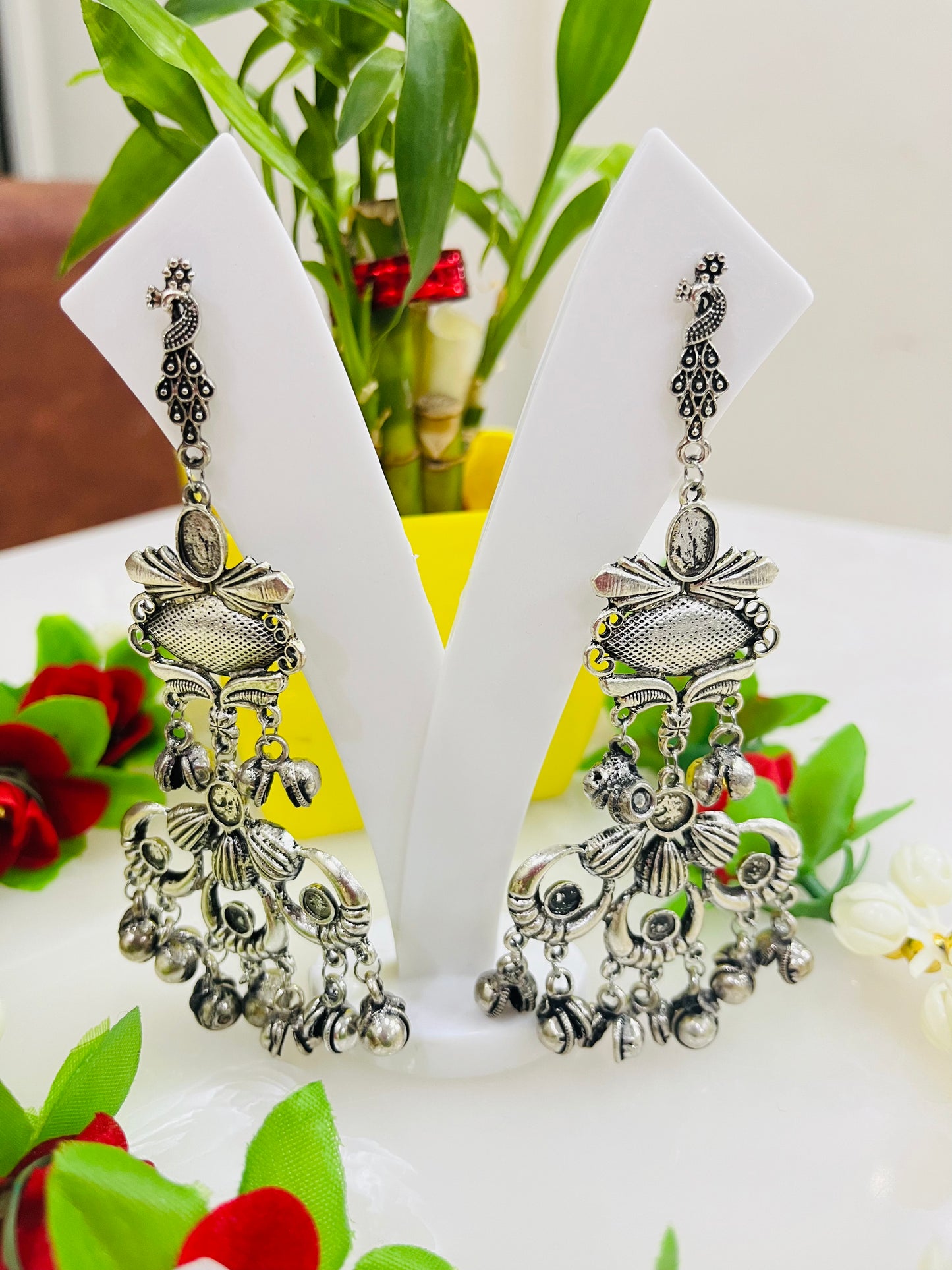 Beautiful Oxidized Long Peacock Dangler Earrings