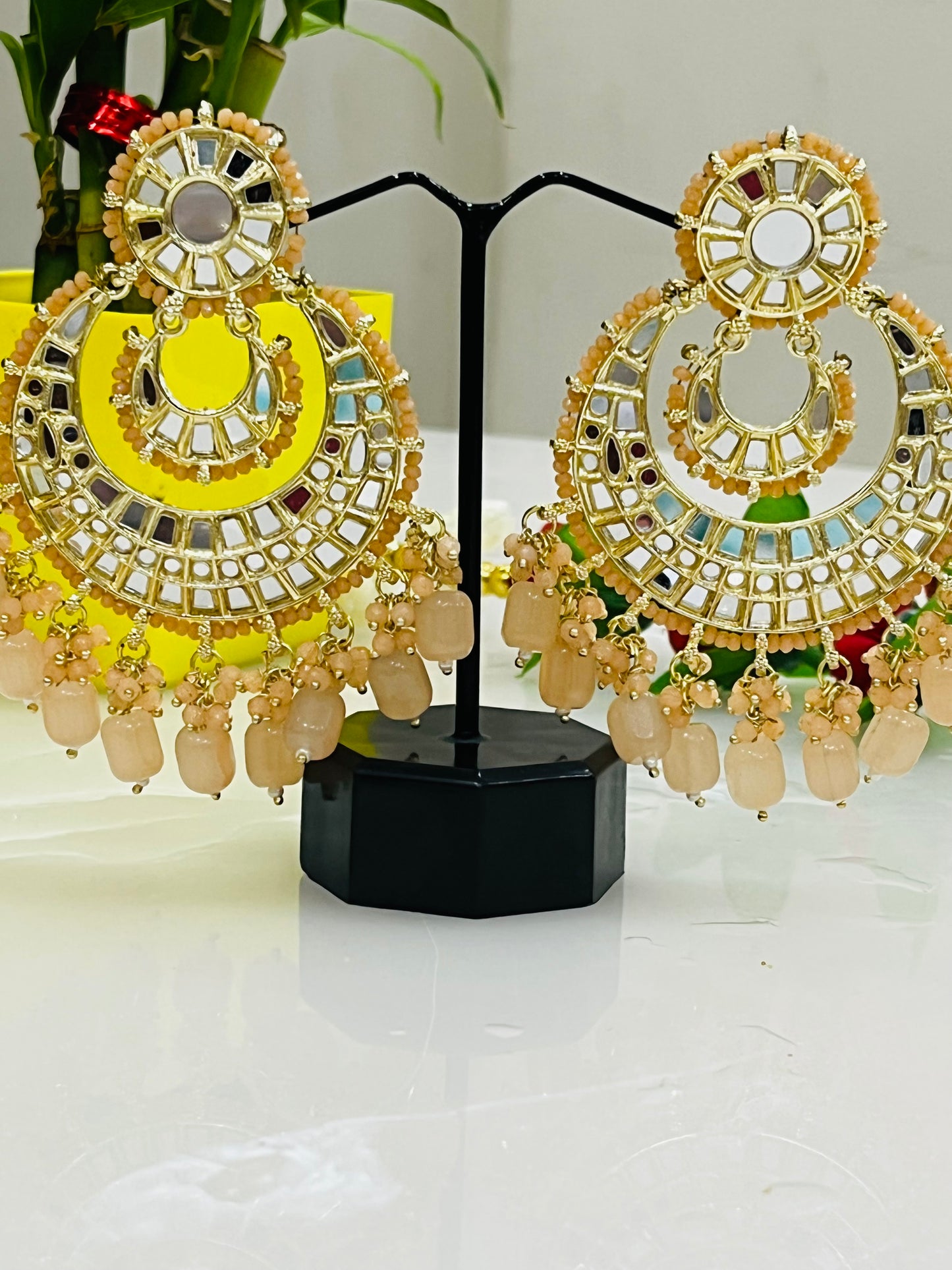 Gold Plated Kundan Glass Mirror Chandbalis