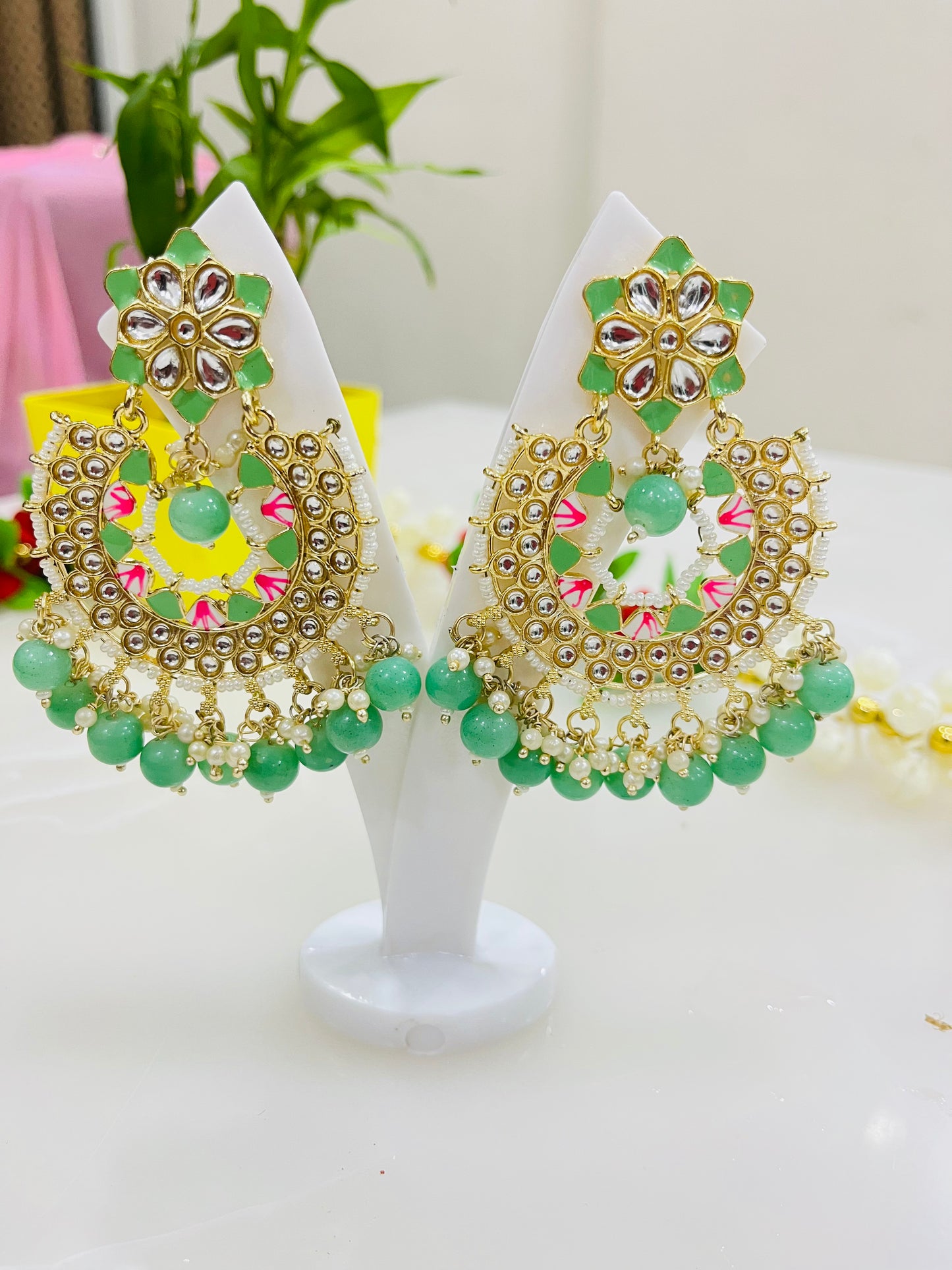 Meenakari Kundan Pearl Beads Chandbalis
