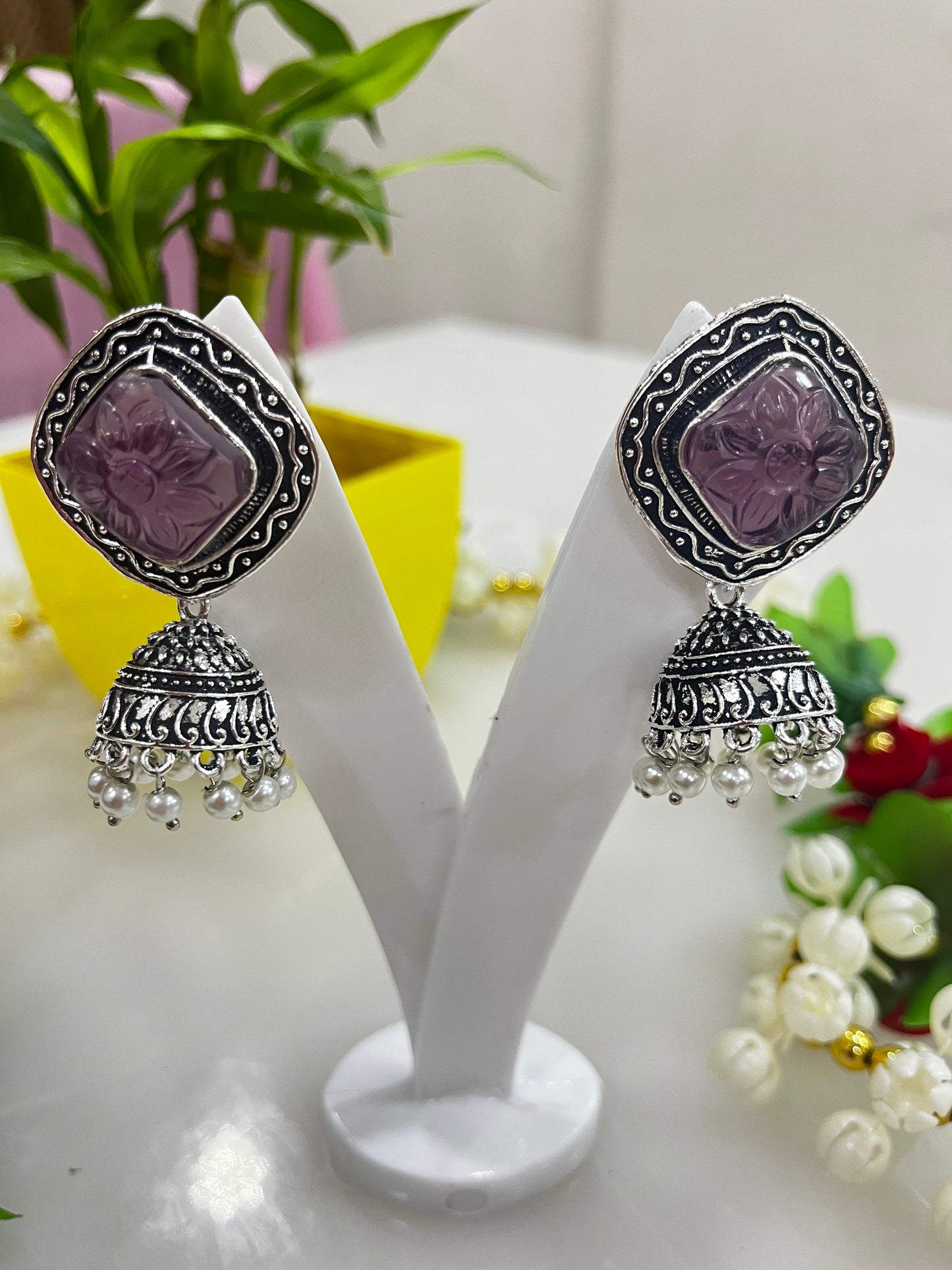 Monalisa stone oxidized earrings