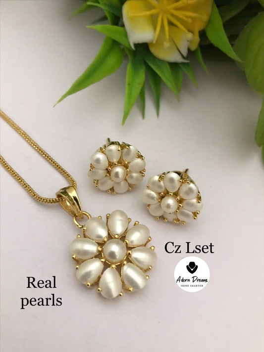Beautiful CZ Real Pearls Chain pendant set