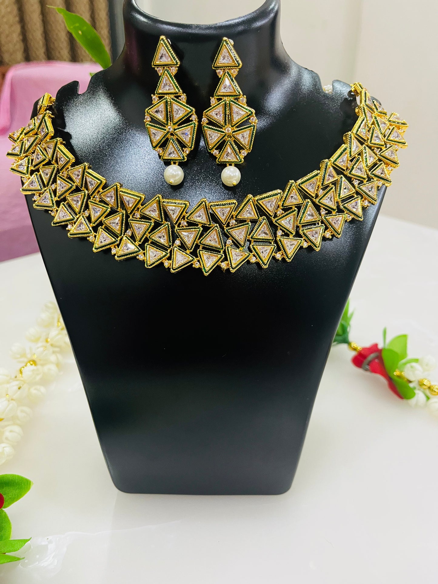 Designer Gold Plated American Diamond Necklace Set