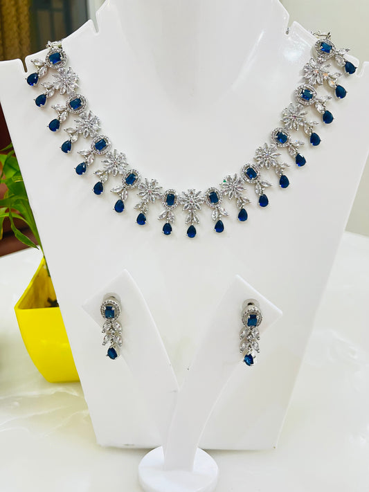 Premium American Diamond Blue Stone Necklace Set