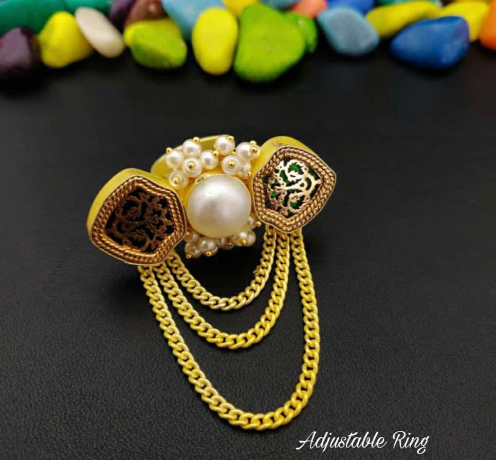 Gold Plated Green Thewa Polki Adjustable Ring