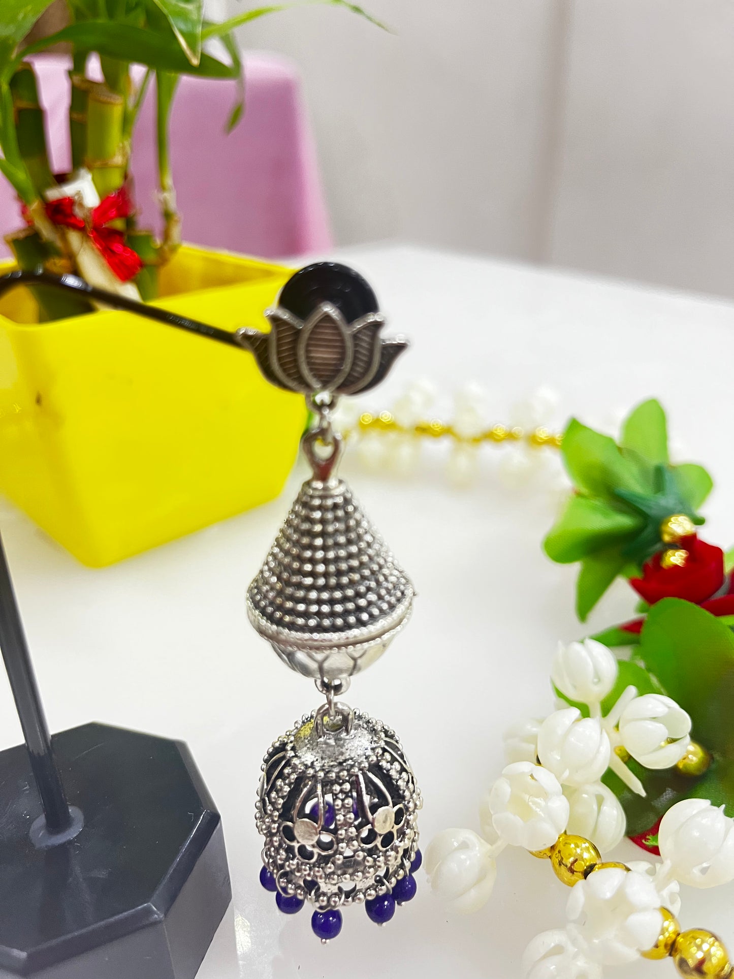 Beautiful oxidized lotus pearl beads jhumki