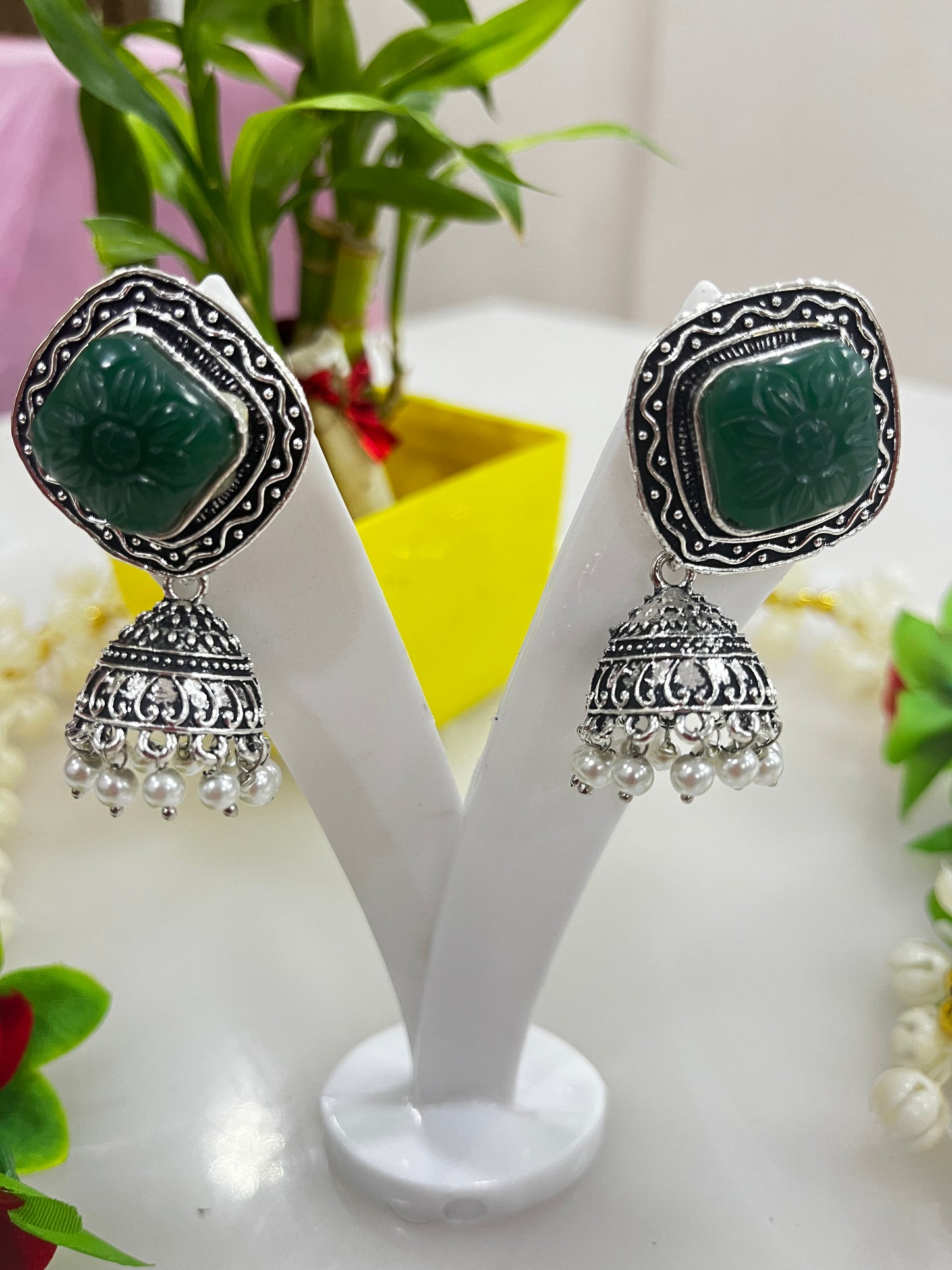 Monalisa stone oxidized earrings