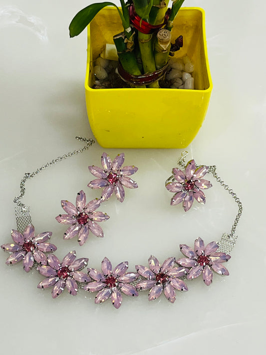 Korean Crystal Flower Choker Necklace Set
