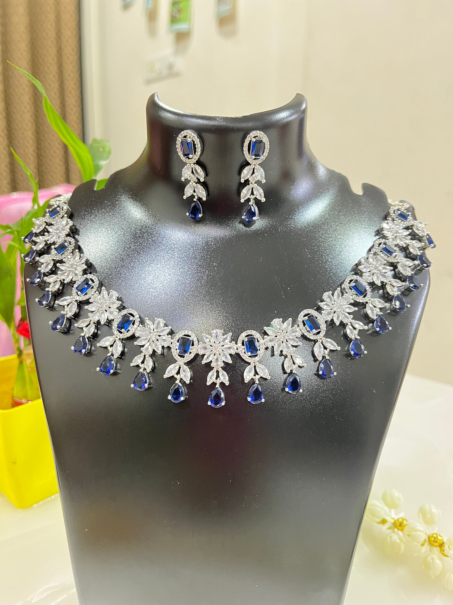 Premium American Diamond Blue Stone Necklace Set