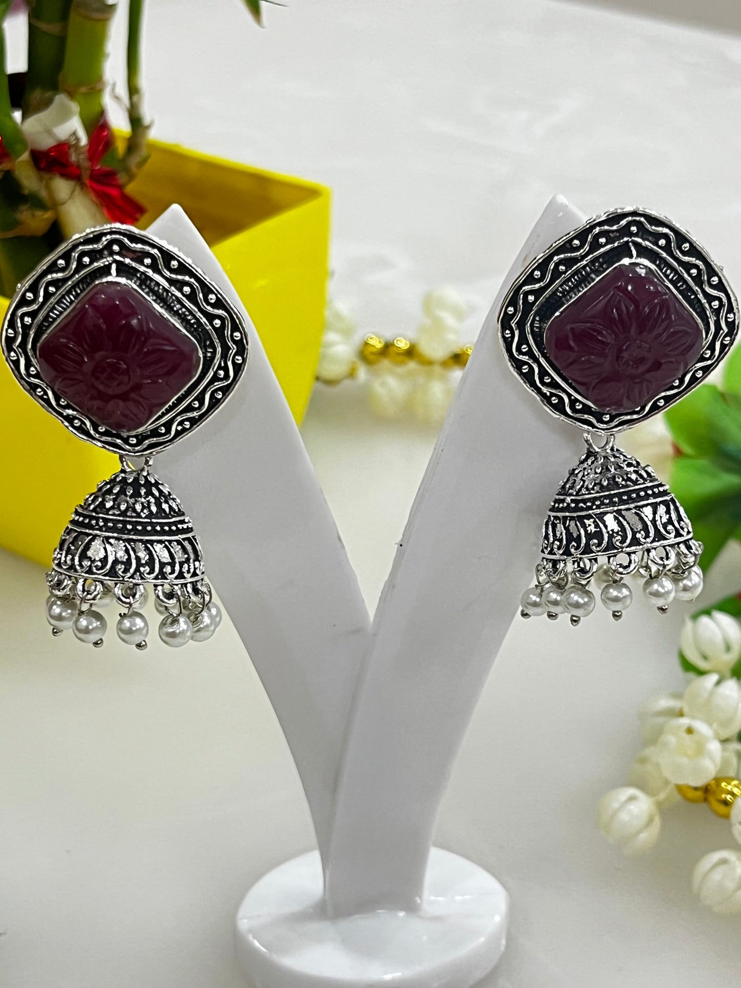 Monalisa stone oxidized earrings