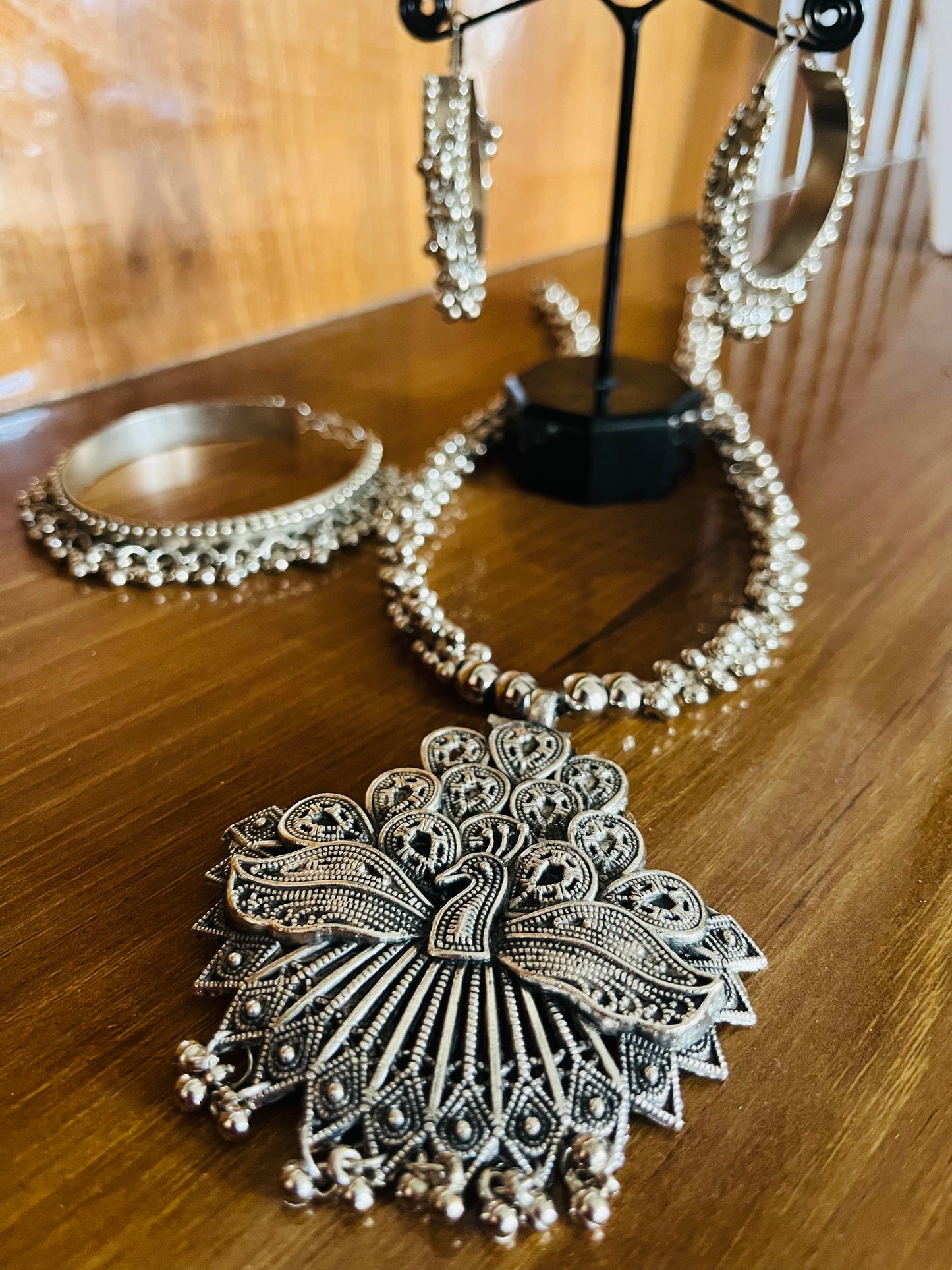 Peacock oxidized long necklace combo set