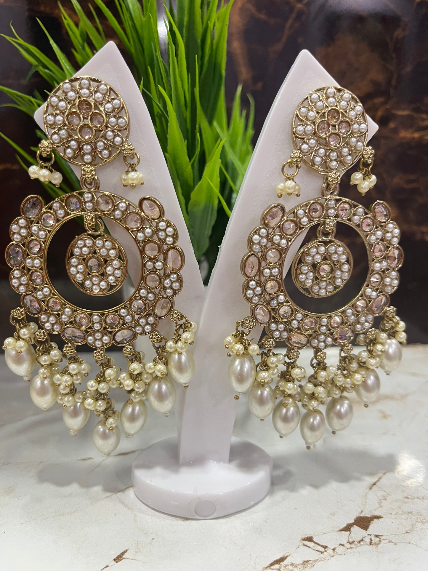 Antique Mehendi Polish Cluster Pearls Dangler Earrings