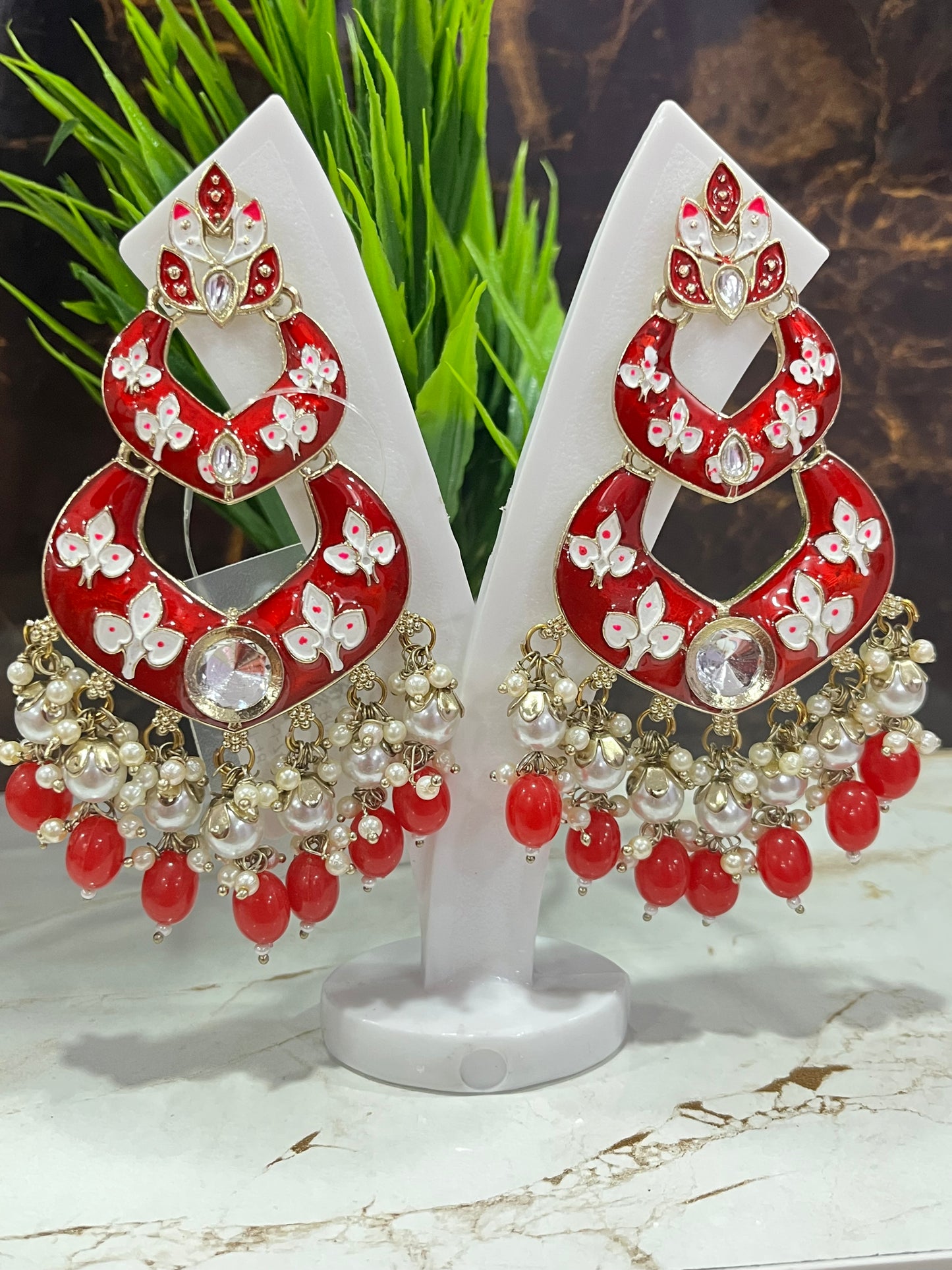Red Meenakari Clustered Pearl Long Dangler Earring