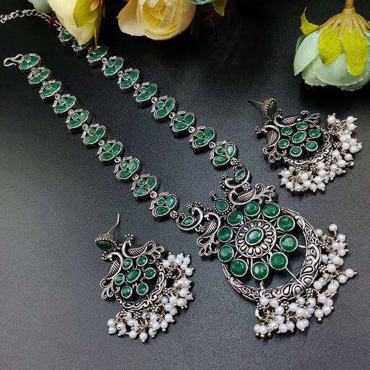 Beautiful Green Peacock Oxidized Necklace Set