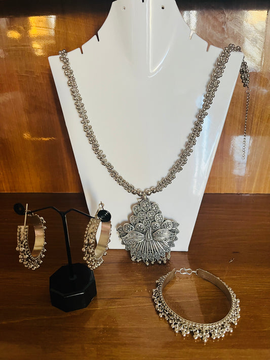 Peacock oxidized long necklace combo set