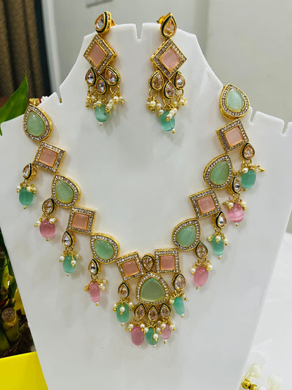 Partywear Designer Gold Plated Kundan AD Necklace Set