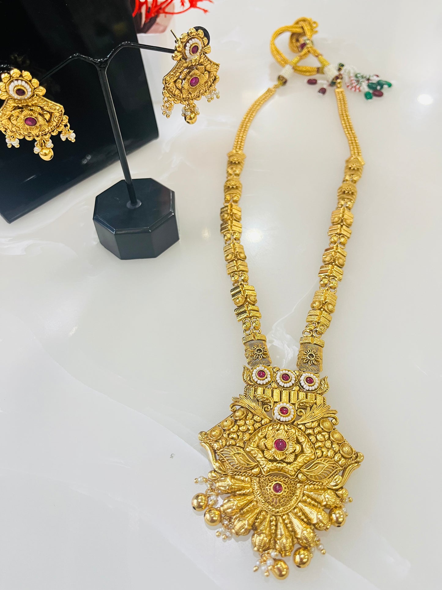 Designer Antique Gold Plated Long Necklace Set