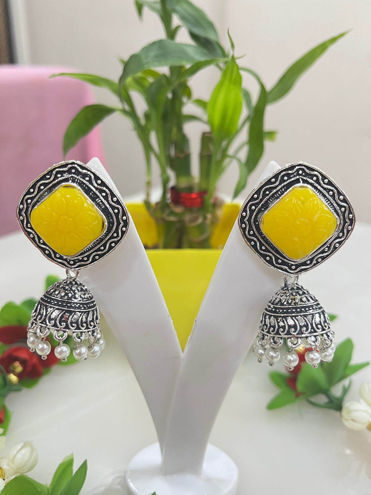 Monalisa stone oxidized earrings