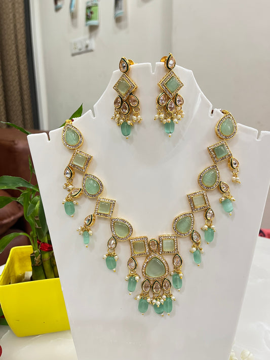 Partywear Designer Gold Plated Kundan AD Necklace Set