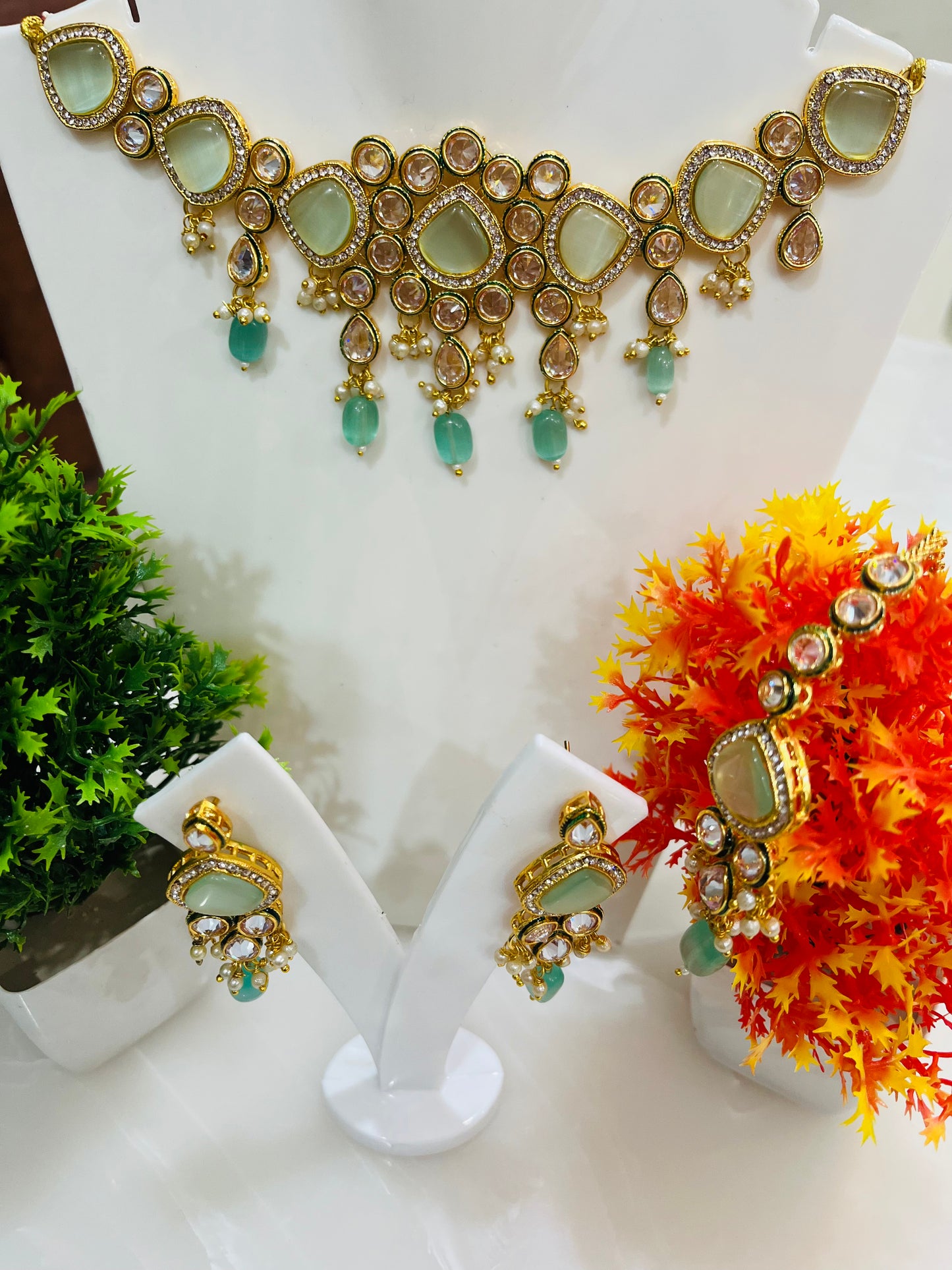 High Gold Polish Kundan AD Necklace Set