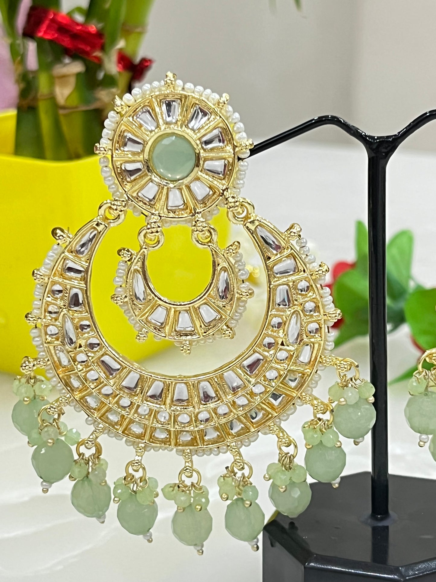Gold Plated Kundan Glass Mirror Chandbalis