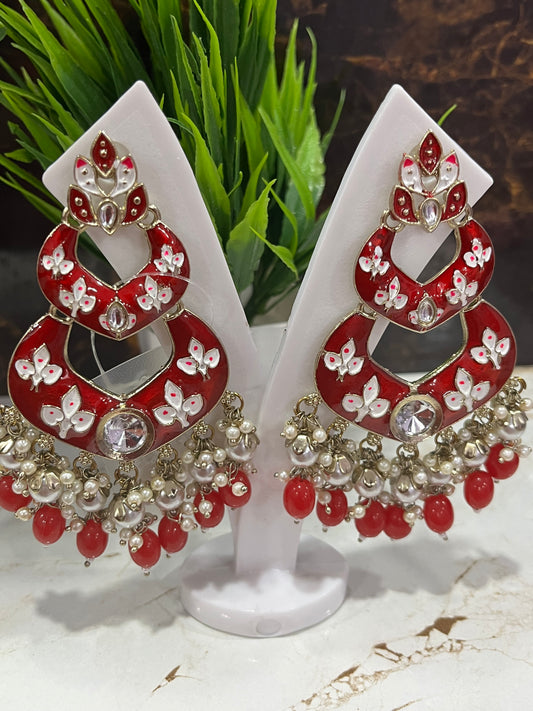 Red Meenakari Clustered Pearl Long Dangler Earring