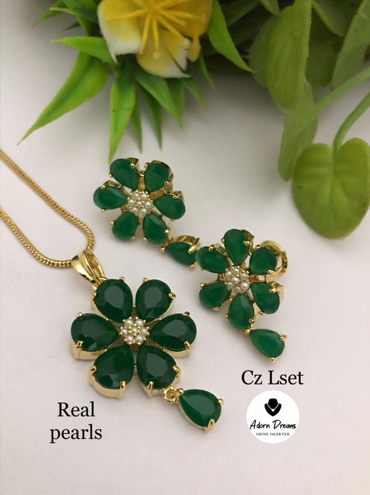 Beautiful CZ Green Real Pearls Chain Pendant Set